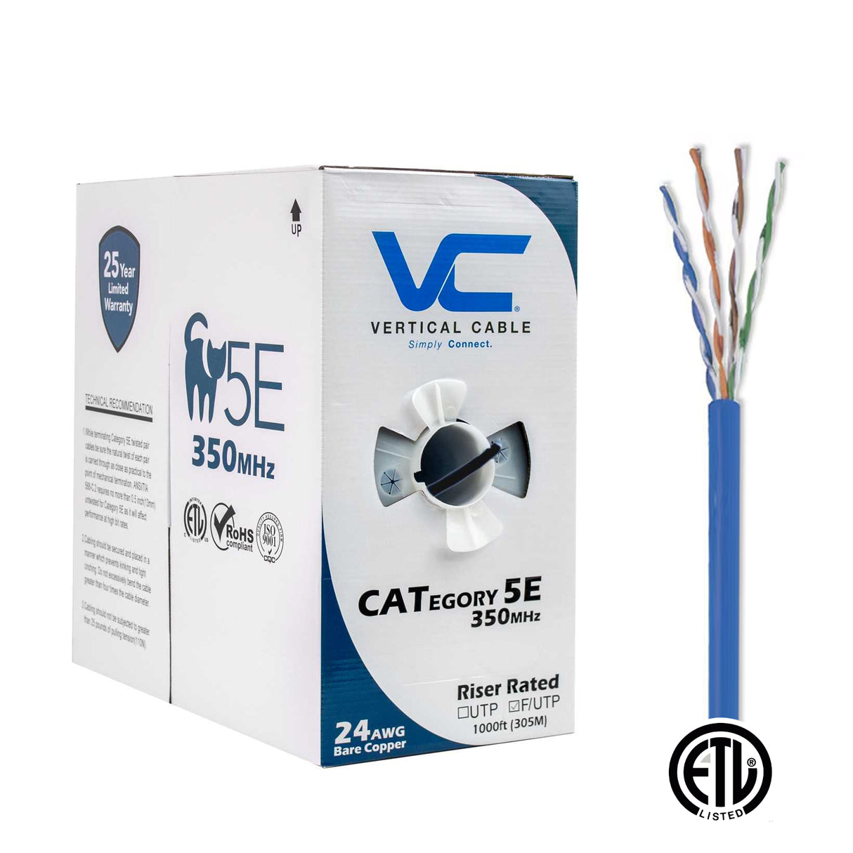Vertical Cable (CAT5E Shielded) 24AWG, Solid Bare Copper, Pull Box, 1000ft, Blue