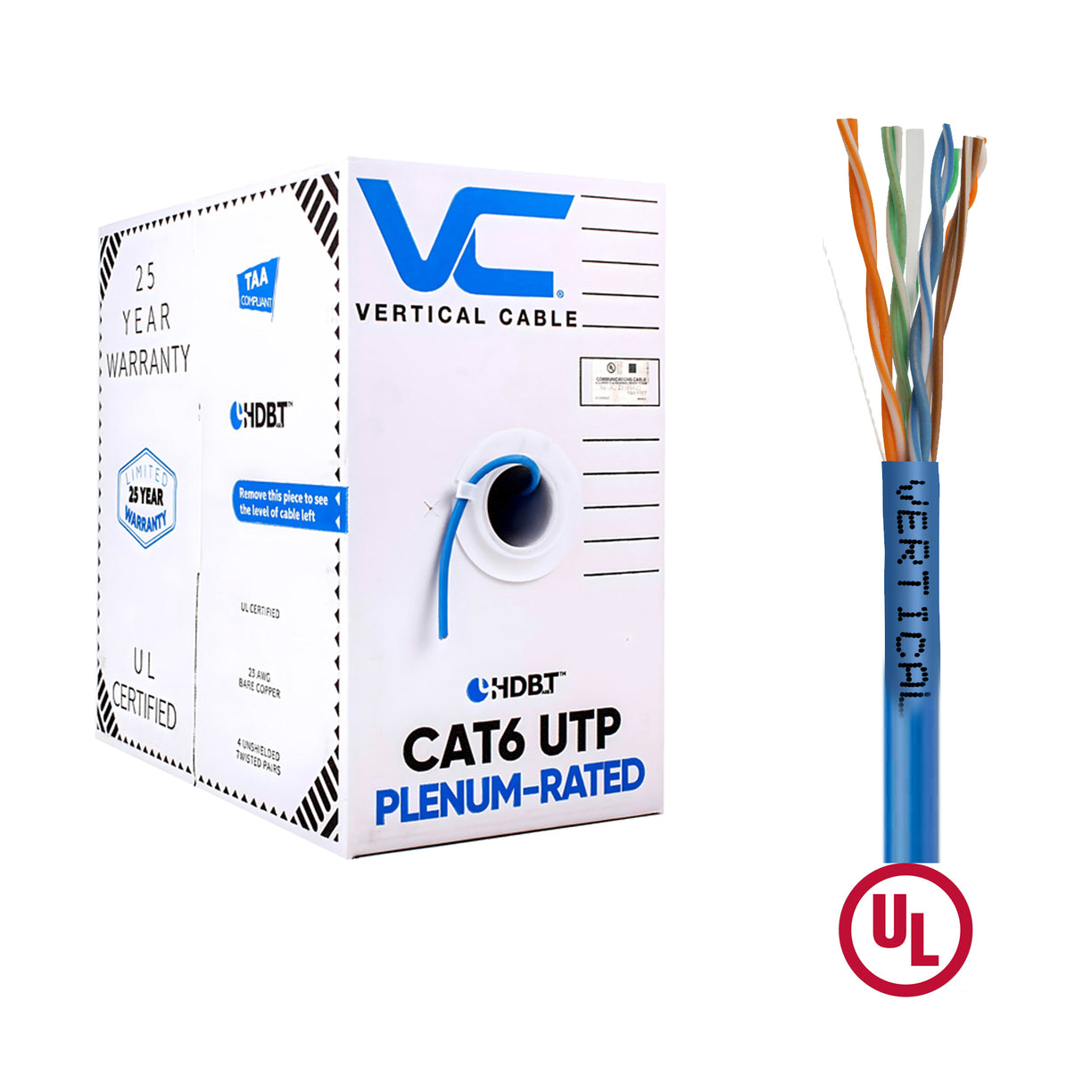 Vertical Cable (CAT6 Plenum) 23AWG, Solid Bare Copper, Pull Box, 1000ft, Blue, UL Listed