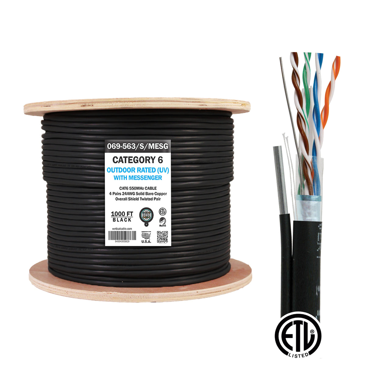 Vertical Cable (CAT6 Outdoor) 23AWG, Solid-Bare Copper, Shielded, Spool, 1000ft, Black