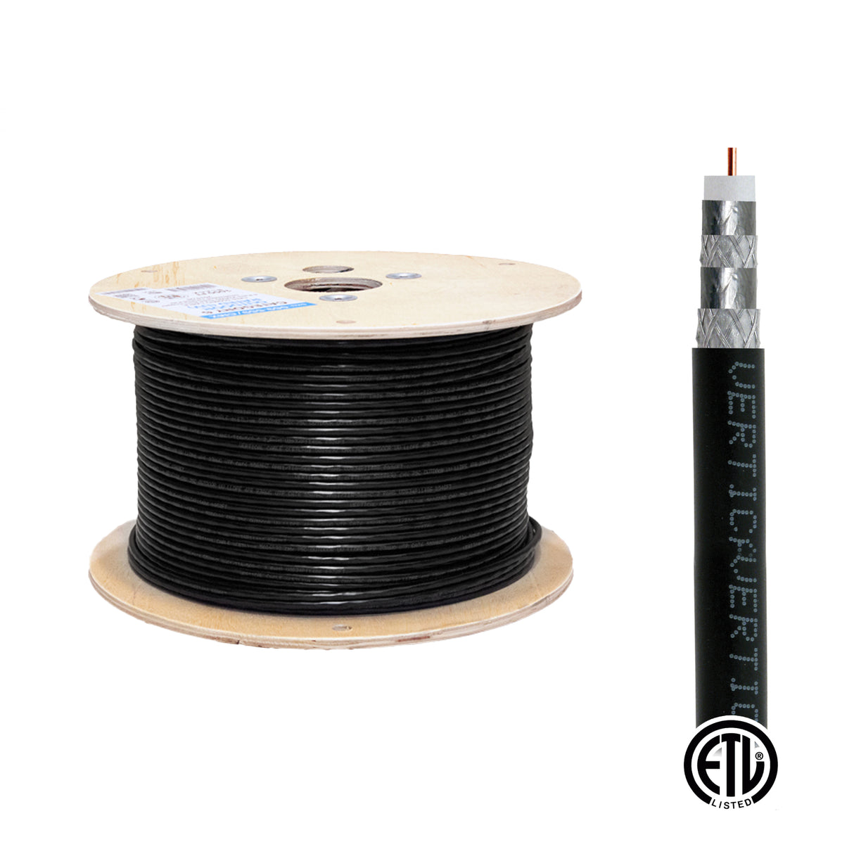Vertical Cable (RG6QS Quad Shield) RG6 Coax 18AWG CCS Conductor, Quad Shield, Reel-in-Box, 1000ft, White / Black