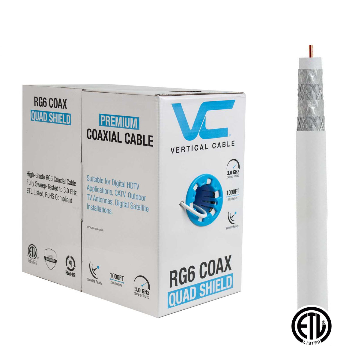 Vertical Cable (RG6QS Quad Shield) RG6 Coax 18AWG CCS Conductor, Quad Shield, Reel-in-Box, 1000ft, White / Black