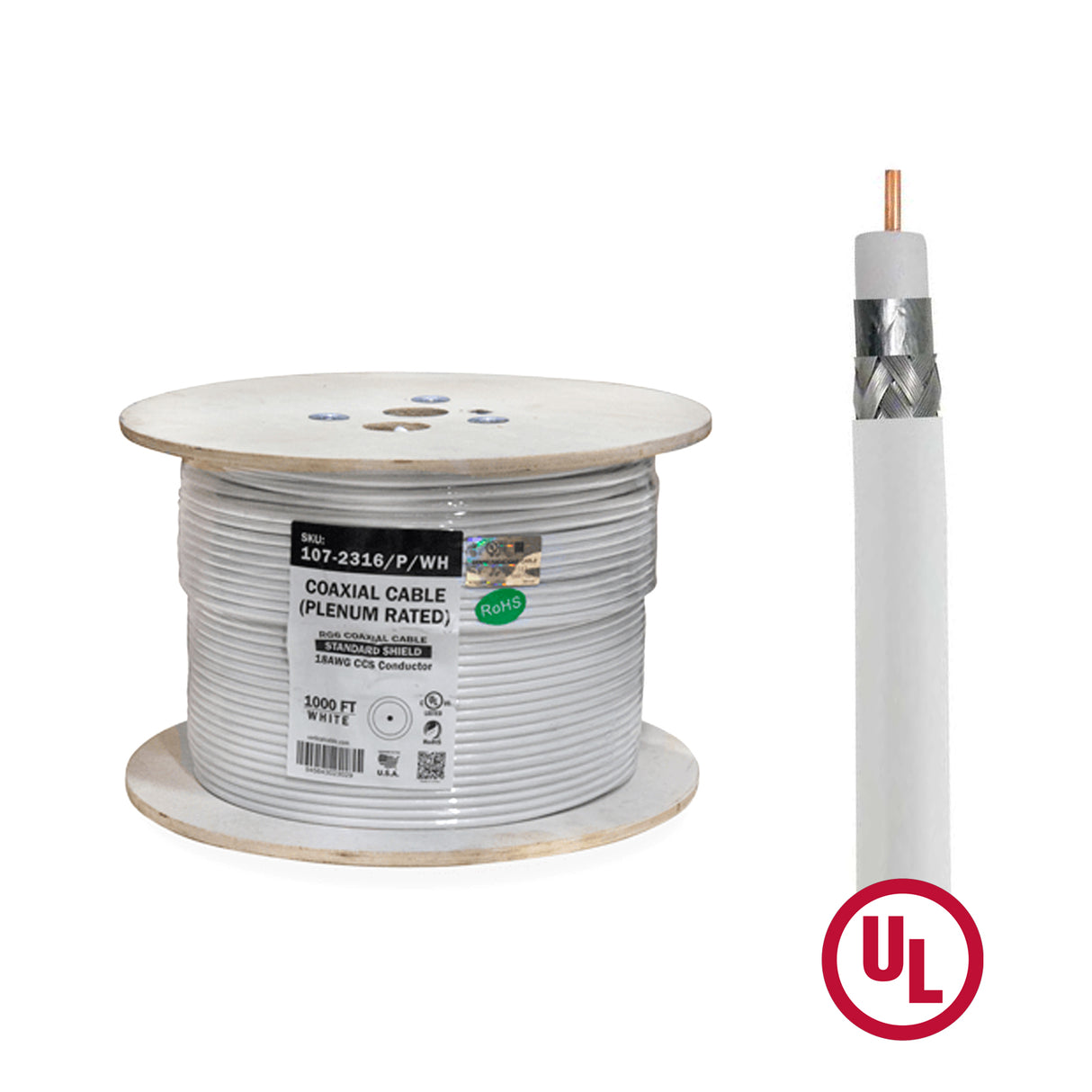 Vertical Cable (RG6 Standard Shield Plenum)18AWG CCS Conductor, Plenum Rated, Standard Shield, Aluminum Foil (Bonded) 1000ft Wooden Spool, White