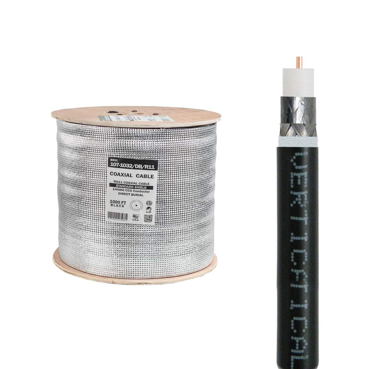 Vertical Cable (RG11 Direct Burial Standard Shield) 14AWG Solid CCS Conductor, Direct Burial, Wooden Spool, 1000ft, Black