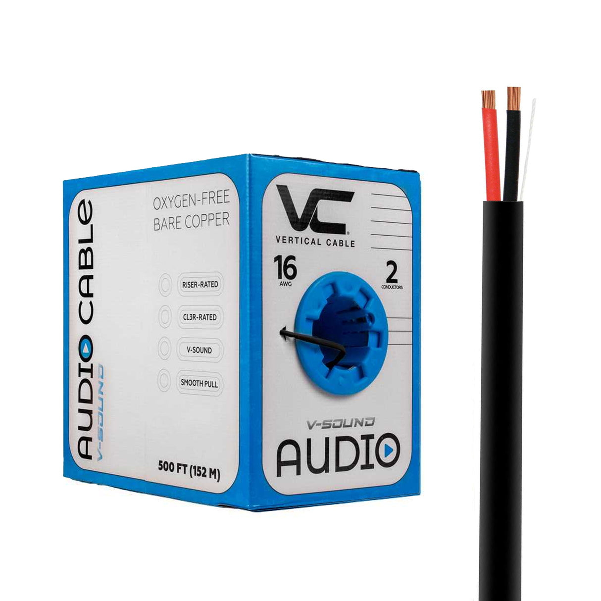 Vertical Cable (16/2 Speaker Cable) 16AWG, 2 Conductor, Stranded (65 Strand) Pull Box, 500ft, White / Black