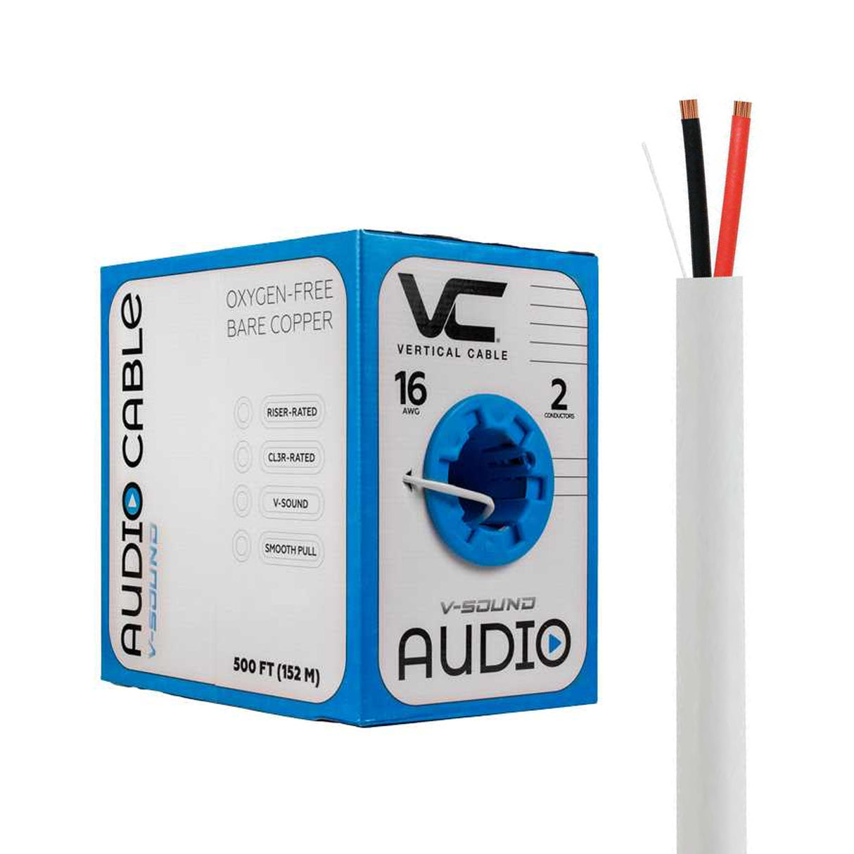 Vertical Cable (16/2 Speaker Cable) 16AWG, 2 Conductor, Stranded (65 Strand) Pull Box, 500ft, White / Black
