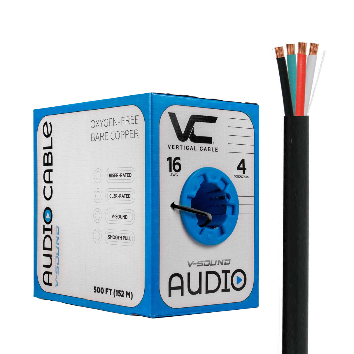 Vertical Cable (16/4 Speaker Cable) 16AWG, 4 Conductor, Stranded (65 Strand) Pull Box, 500ft, White / Black