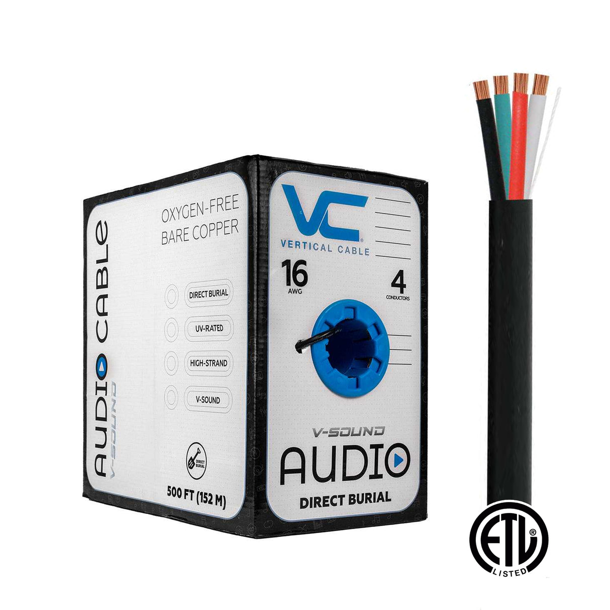 Vertical Cable (16/4 Direct Burial Speaker Cable) 16AWG, 4 Conductor, Direct Burial, Stranded (65 Strand), Pull Box, 500ft, Black