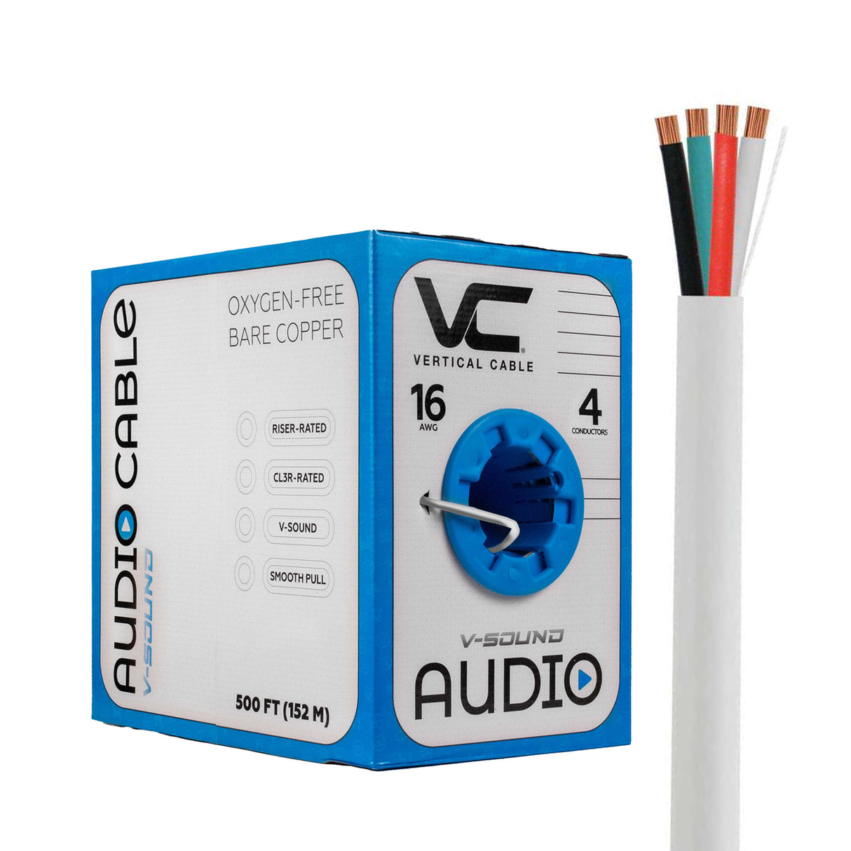 Vertical Cable (16/4 Speaker Cable) 16AWG, 4 Conductor, Stranded (65 Strand) Pull Box, 500ft, White / Black