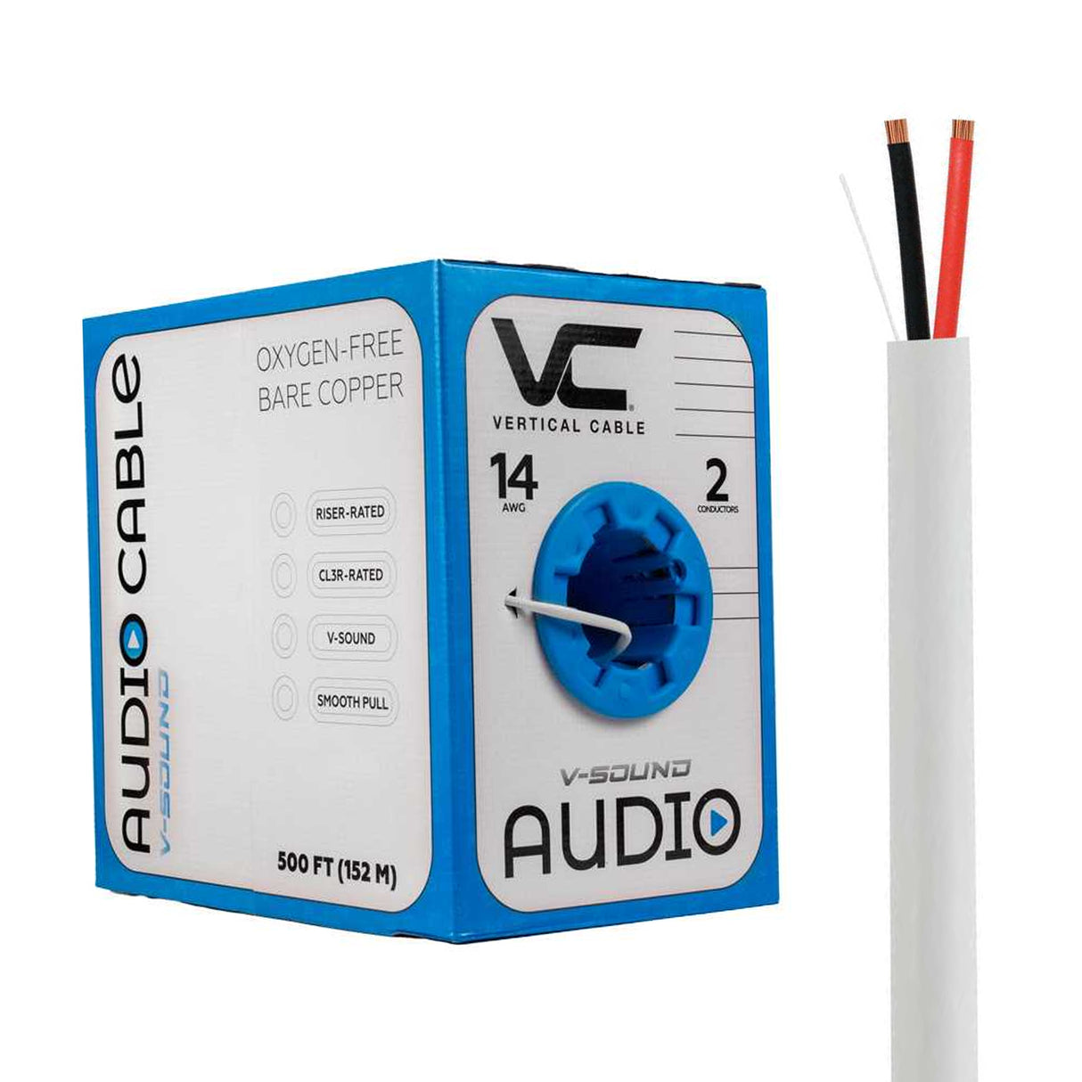 Vertical Cable (14/2 Speaker Cable) 14AWG, 2 Conductor, Stranded (41 Strand) Pull Box, 500ft, White / Black