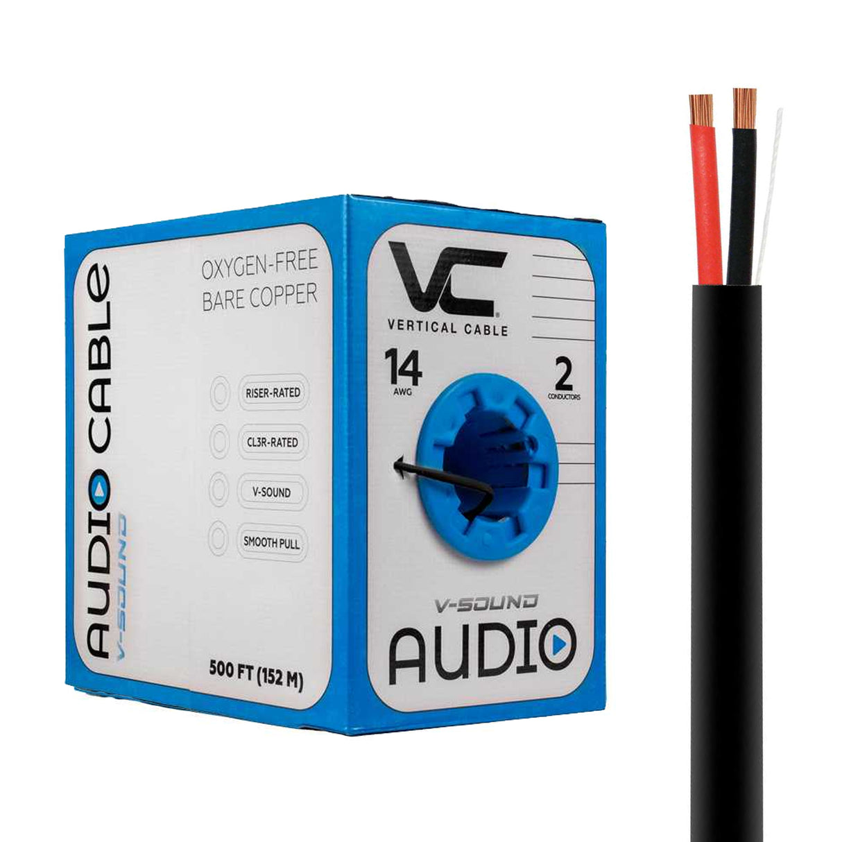 Vertical Cable (14/2 Speaker Cable) 14AWG, 2 Conductor, Stranded (41 Strand) Pull Box, 500ft, White / Black