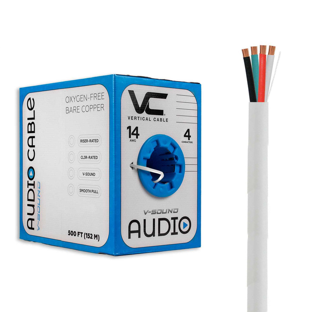 Vertical Cable (14/4 Speaker Cable) 14AWG, 4 Conductor, Stranded (41 Strand) Pull Box, 500ft, White / Black
