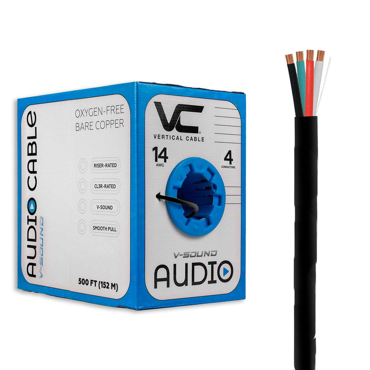 Vertical Cable (14/4 Speaker Cable) 14AWG, 4 Conductor, Stranded (41 Strand) Pull Box, 500ft, White / Black