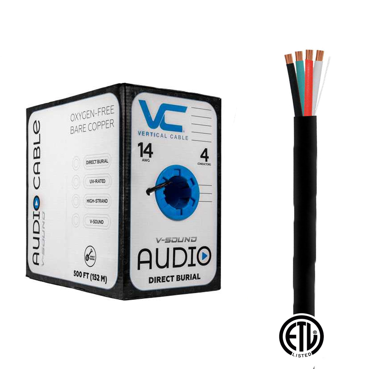 Vertical Cable (14/4 Direct Burial Speaker Cable) 14AWG, 4 Conductor, Direct Burial, Stranded (105 Strand) Pull Box, 500ft, Black