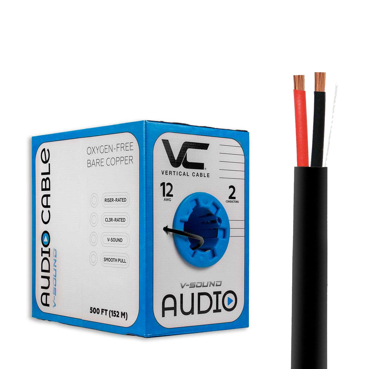 Vertical Cable (12/2 Speaker Cable) 12AWG, 2 Conductor, Stranded (65 Strand), Pull Box, 500ft, Black
