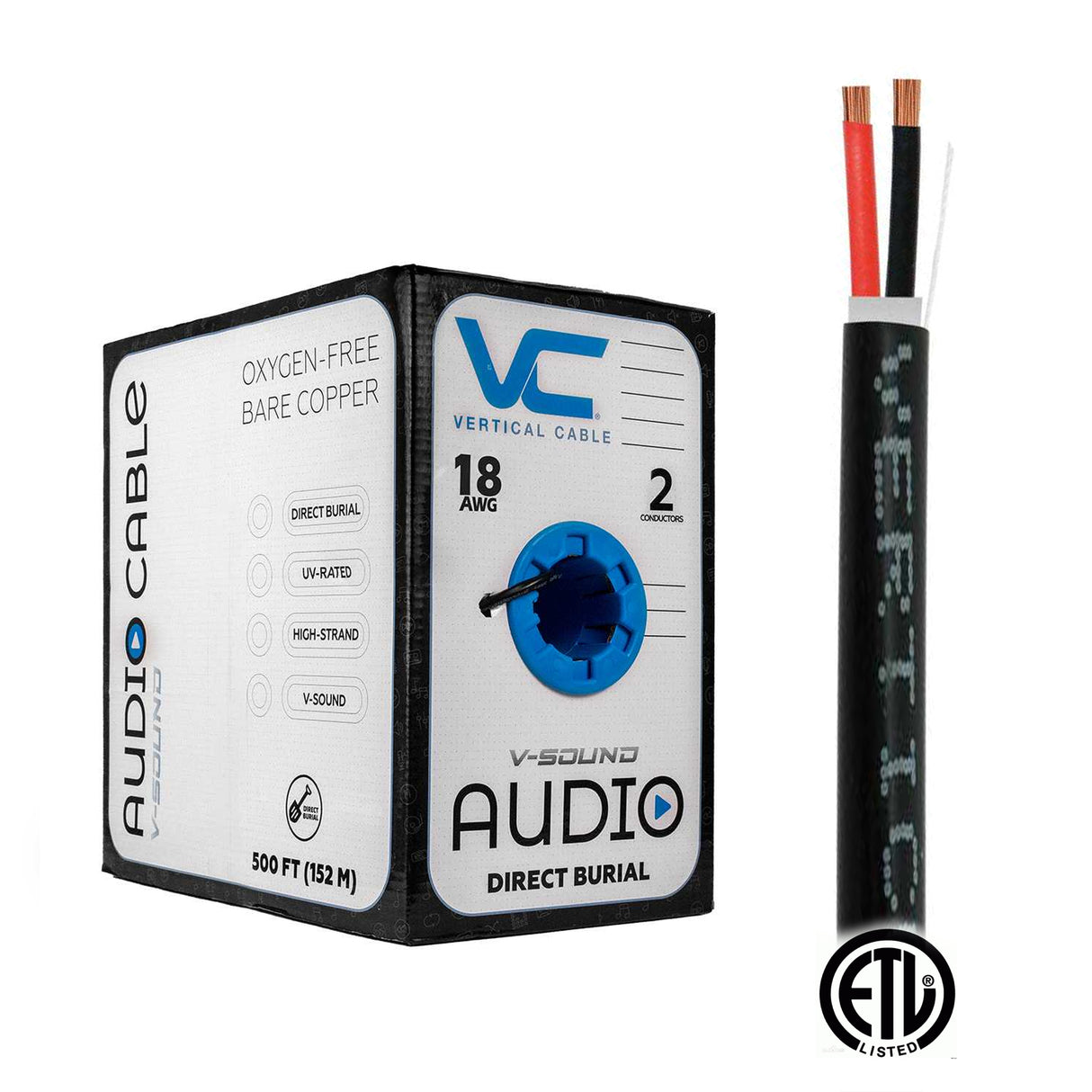 Vertical Cable (18/2 Direct Burial Speaker Cable) 18AWG, 2 Conductor, Direct Burial, Stranded (16 Strand) Pull Box, 500ft, Black
