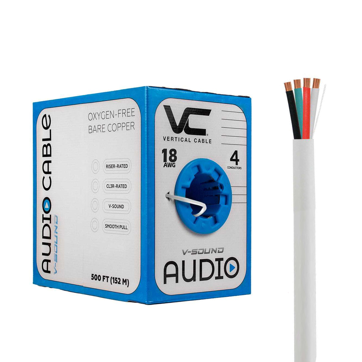 Vertical Cable (18/4 Speaker Cable) 18AWG, 4 Conductor, Stranded (16 Strand), Pull Box, 500ft, White / Black