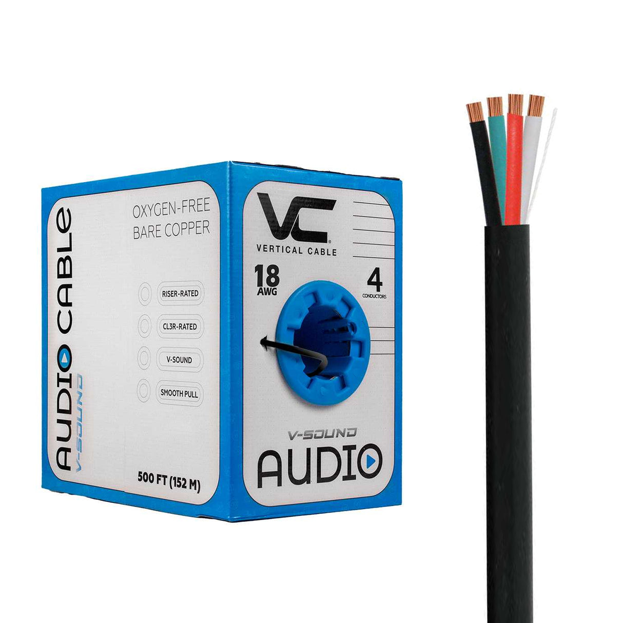 Vertical Cable (18/4 Speaker Cable) 18AWG, 4 Conductor, Stranded (16 Strand) Pull Box, 500ft, Black