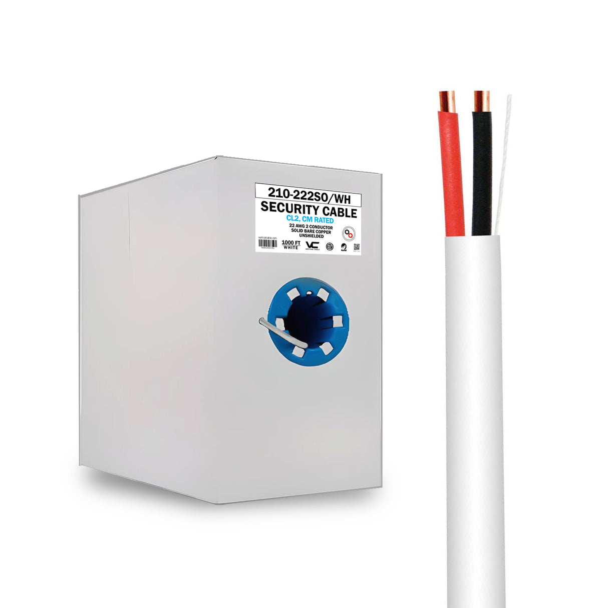 Vertical Cable (22/2 Alarm-Security Cable) 22AWG, 2 Conductor, Solid Bare Copper, Pull Box, 1000ft, White