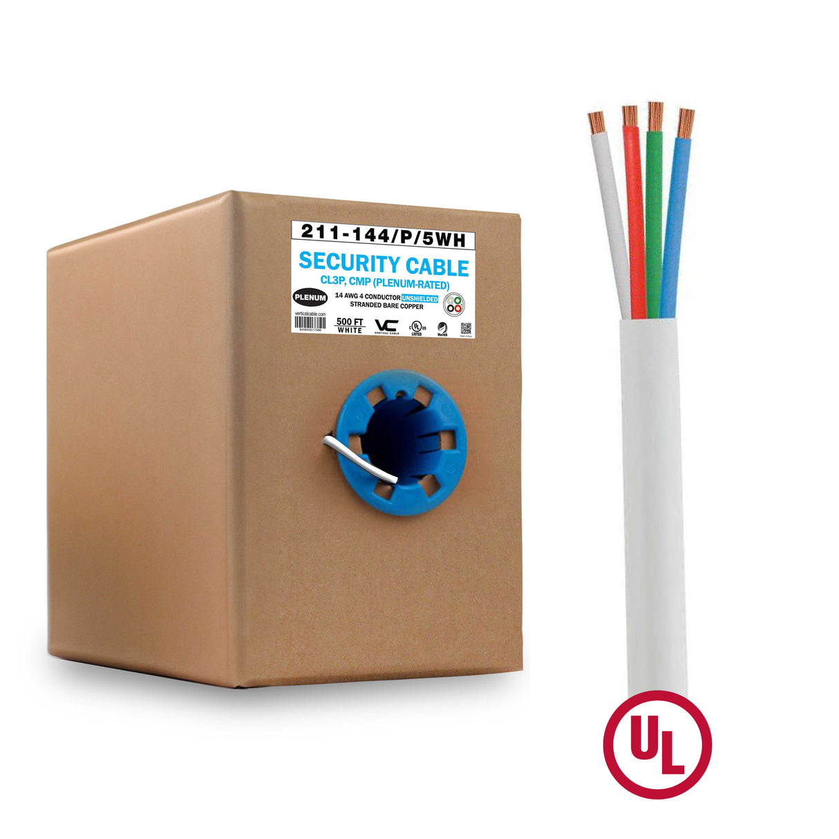 Vertical Cable (14/4 Plenum Speaker Cable) 14AWG, 4 Conductor, Plenum Rated, Stranded, Bare Copper Conductors, Pull Box, 500ft, White