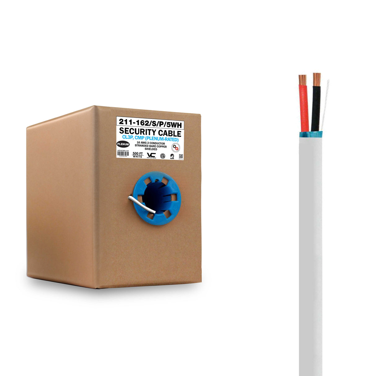 Vertical Cable (16/2 Plenum Speaker Cable) 16AWG, 2 Conductor, Plenum Rated, Shielded, Stranded, Bare Copper Conductors, Pull Box, 500ft, White