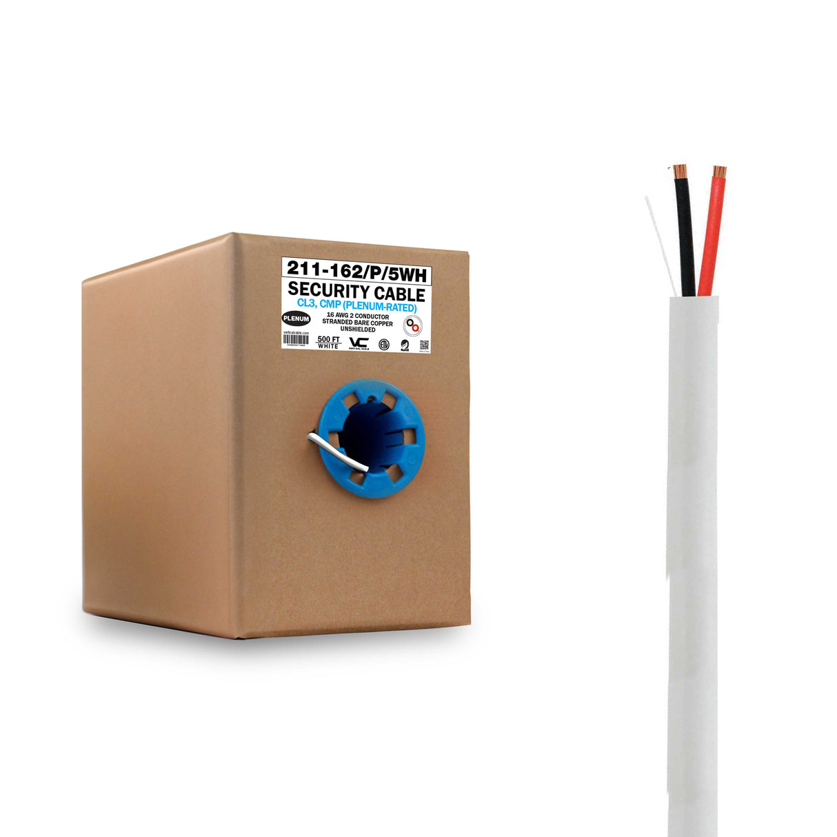 Vertical Cable (16/2 Plenum Speaker Cable) 16AWG, 2 Conductor, Stranded, Bare Copper Conductors, Pull Box, 500ft, White / Black