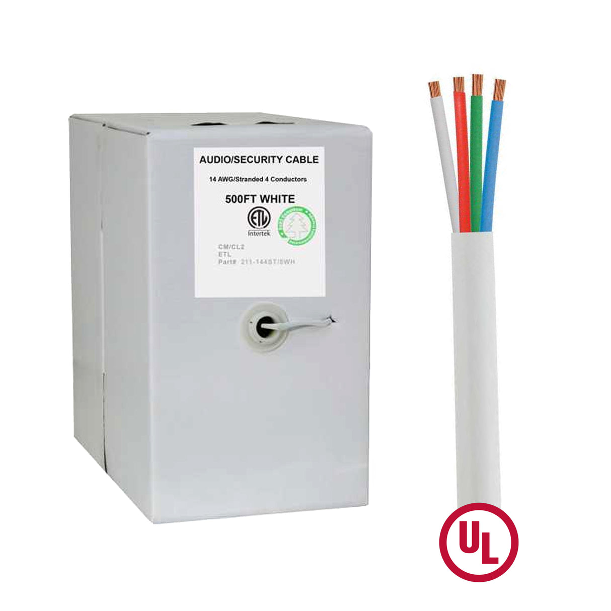 Vertical Cable (16/4 Plenum Speaker Cable) 16AWG, 4 Conductor, Plenum Rated, Stranded, Bare Copper Conductors, Pull Box, 500ft, White