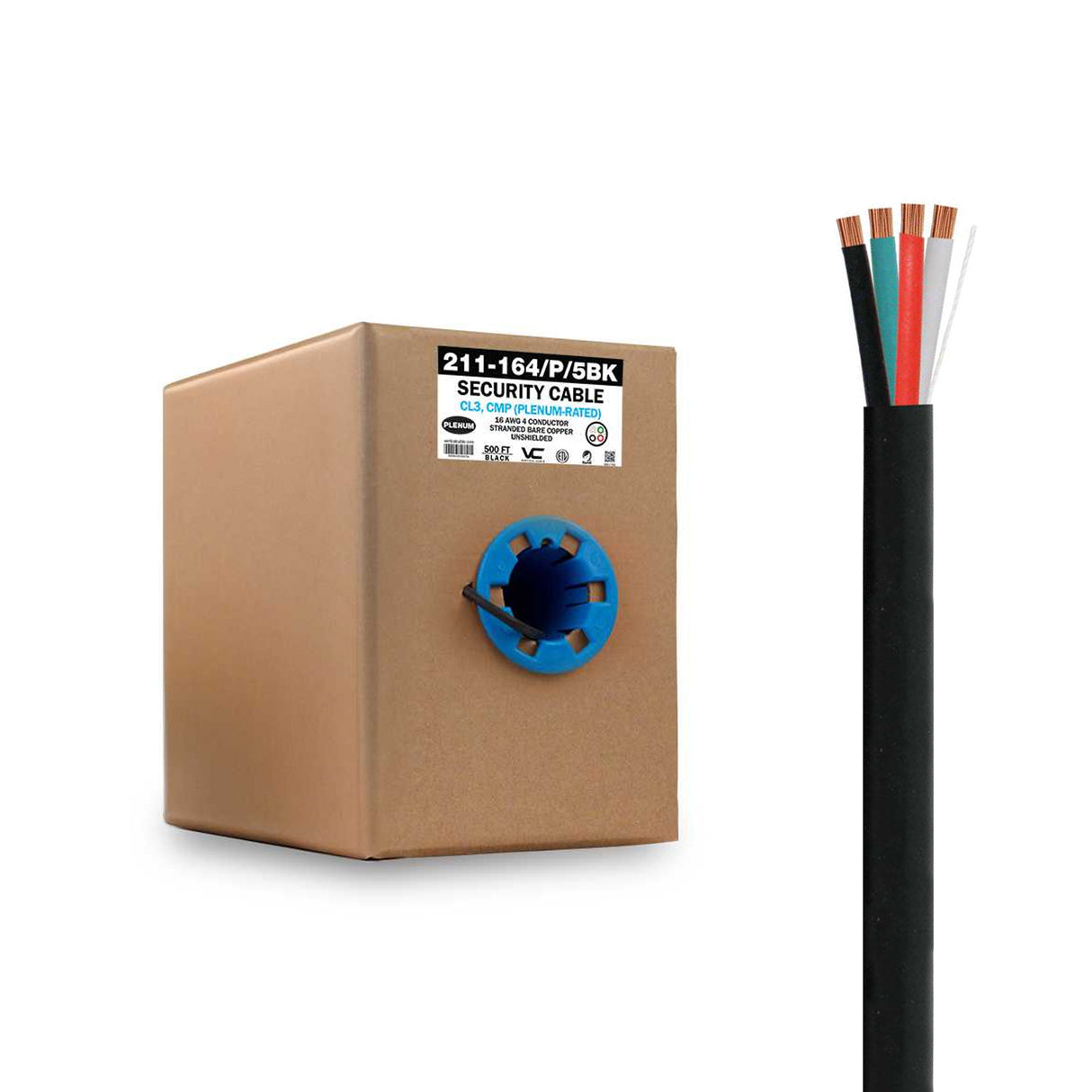 Vertical Cable (16/2 Plenum Speaker Cable) 16AWG, 2 Conductor, Stranded, Bare Copper Conductors, Pull Box, 500ft, White / Black