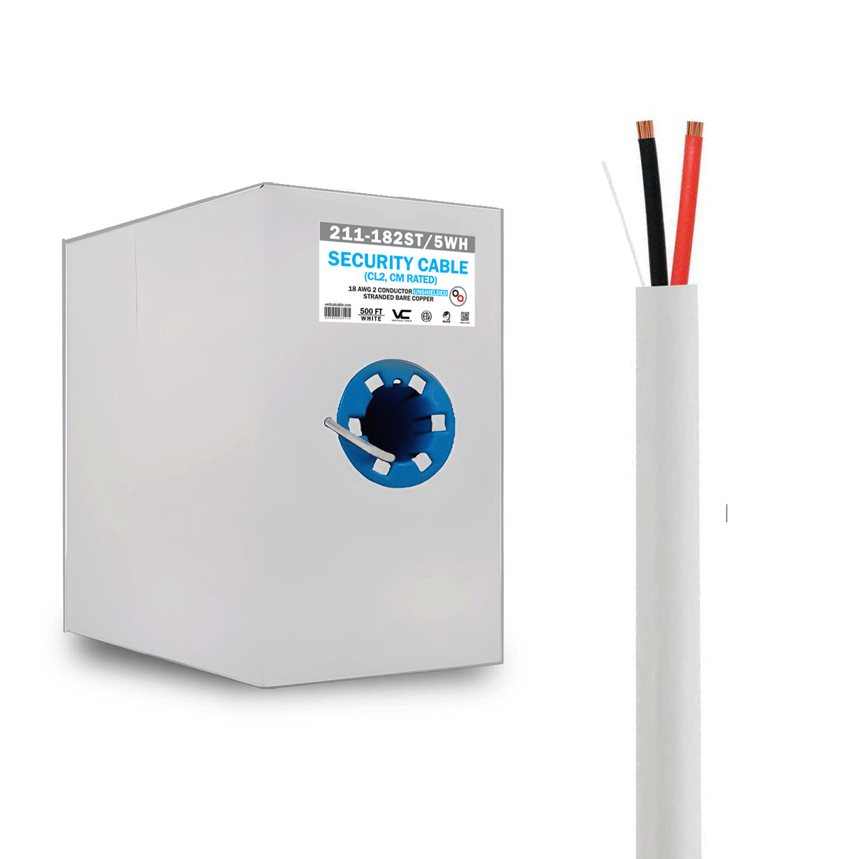 Vertical Cable (18/2 Alarm-Security Cable) 18AWG, 2 Conductor Stranded, Pull Box, 500ft, White