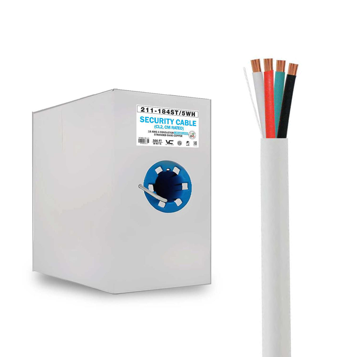 Vertical Cable (18/4 Alarm-Security Cable) 18AWG, 4 Conductor, Stranded, Pull Box, 500ft, White