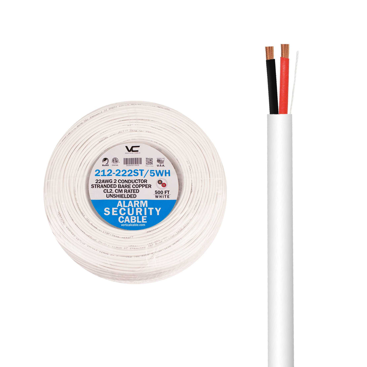 Vertical Cable (22/2 Alarm-Security Cable) 22AWG, 2 Conductor, Stranded, Coil Pack, 500ft, White