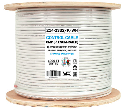 Vertical Cable (Lightning Control System Cable Plenum )16/2 (Power) + 22/2 (Data Pair) CL3P, CMP Plenum Rated, Shielded, Stranded, Bare Copper Conductors, Overall PE Tape, White, 1000 ft, Wooden Spool.