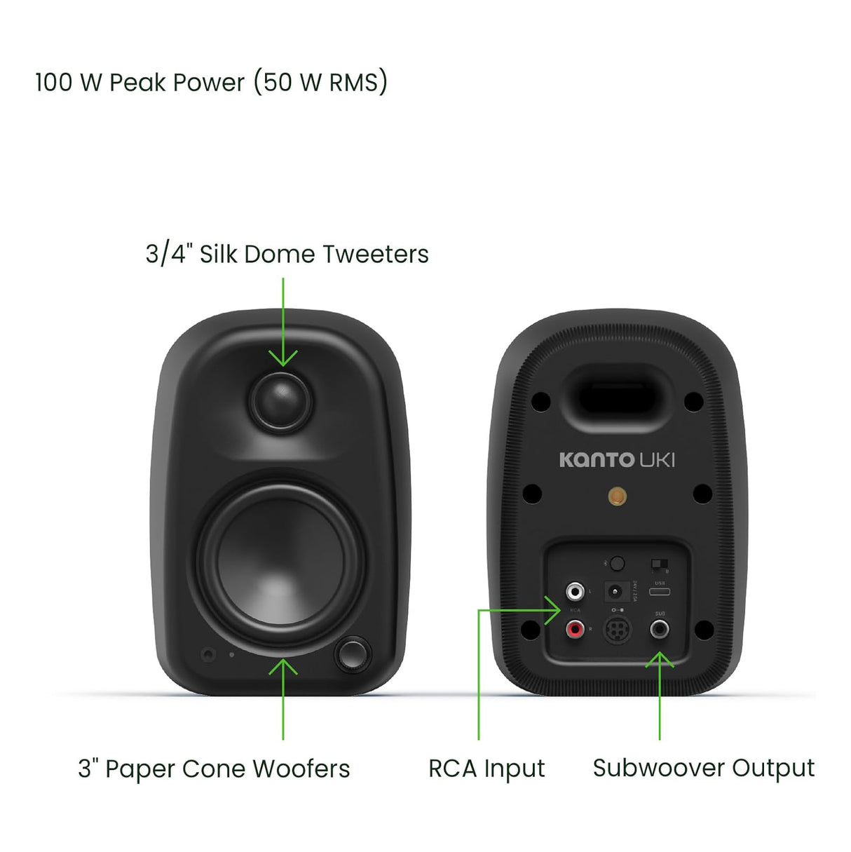 Kanto UKI, 100W Desktop Speakers with Bluetooth, USB-C, Headphone out, Pair