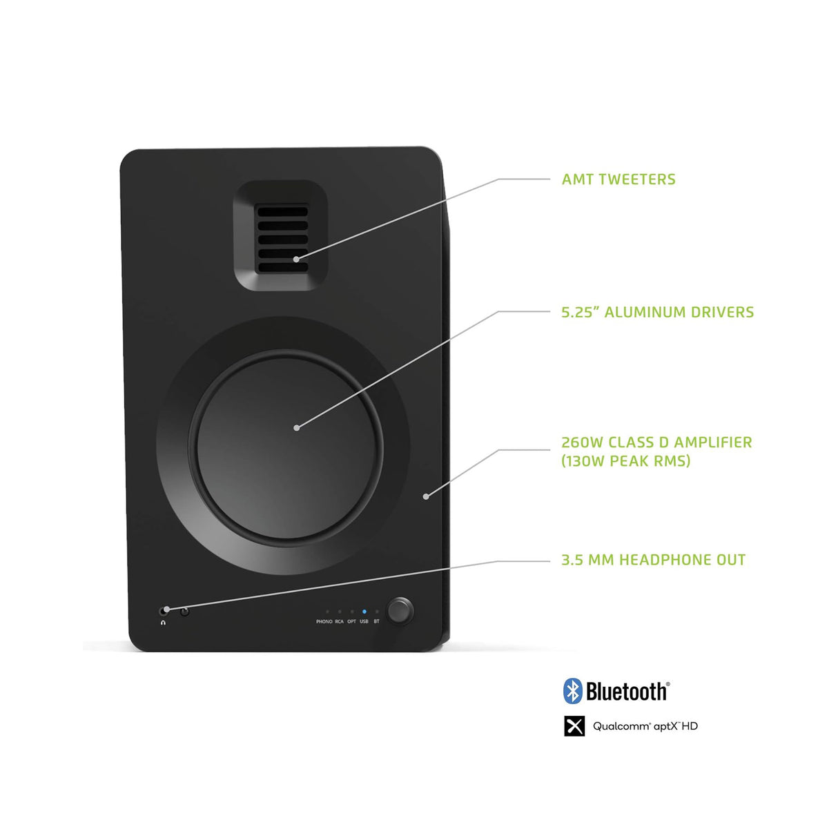 Kanto TUK, 260W Powered Bookshelf Speakers with Headphone Out, USB DAC, Dedicated Phono Pre-amp and Bluetooth, Pair