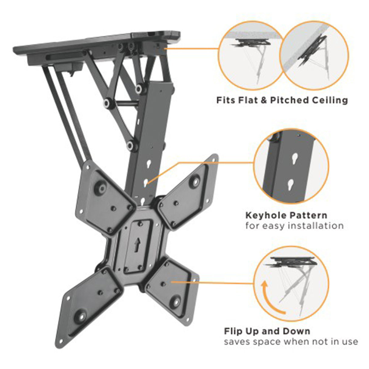 Rhino Mounts FDM2355, Motorized Flip Down Ceiling Mount 23" - 55" , Controled by Tuya APP, Up to 66lbs / Profile: 4.3".