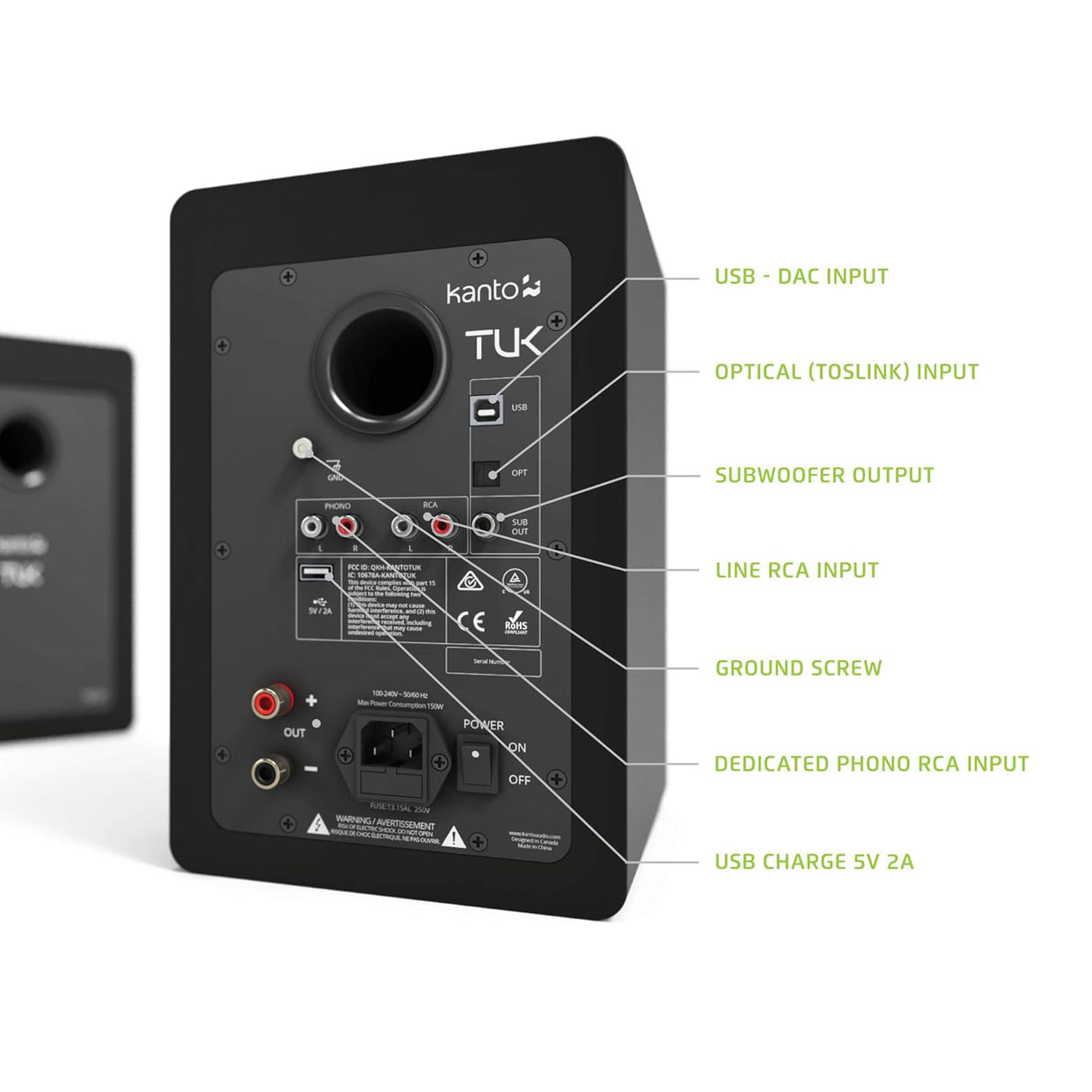 Kanto TUK, 260W Powered Bookshelf Speakers with Headphone Out, USB DAC, Dedicated Phono Pre-amp and Bluetooth, Pair