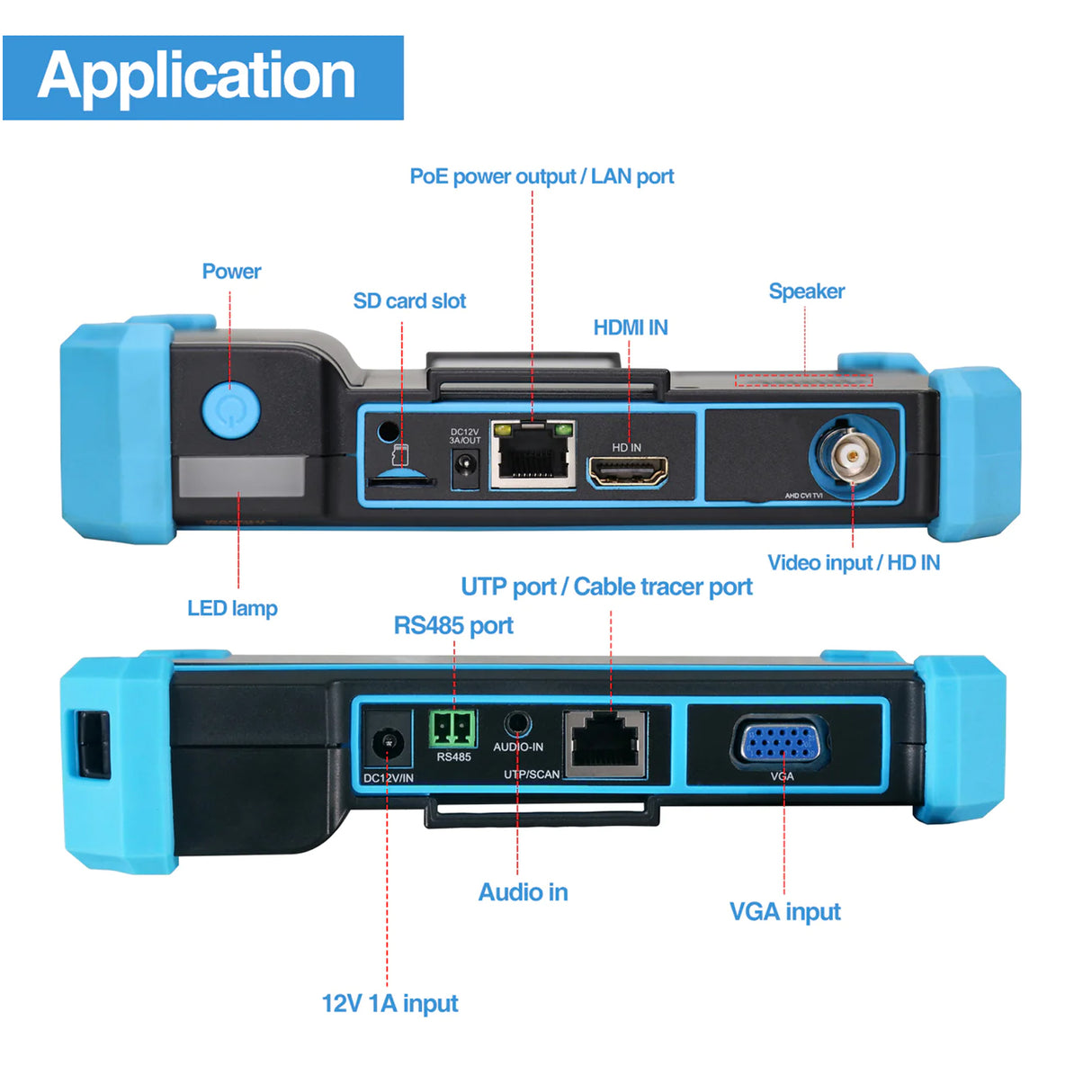 Acegear IPCT5100PLUS: support max 4K IP cameras, support 8MP CVI/ TVI/ AHD camera test, support VGA and HDMI input.