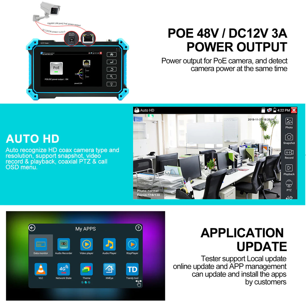 Acegear IPCT5100PLUS: support max 4K IP cameras, support 8MP CVI/ TVI/ AHD camera test, support VGA and HDMI input.