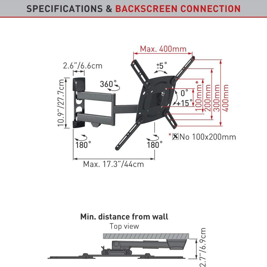 BARKAN L4TVM, Articulating 29" to 65" Full Motion Long 17.3", 4 Movement TV Wall Mount