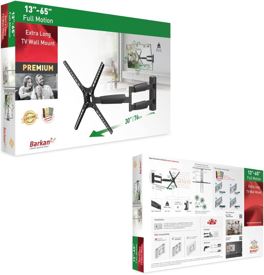 BARKAN BM343LP, Articulating 13" - 65", Full Motion Long 21" Extension, Swivel & Tilt