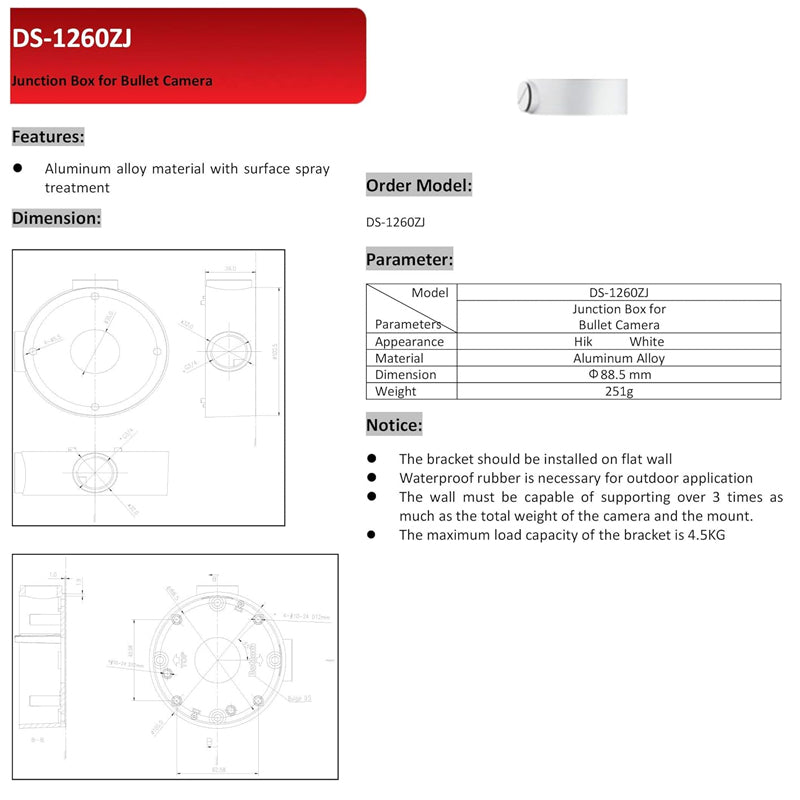 Acegear BK1260 Junction Box, Camera Wall Mount Bracket for Hikvision Bullet IP Camera DS-2CDXXXXX (88.5mm) (White), Closeout