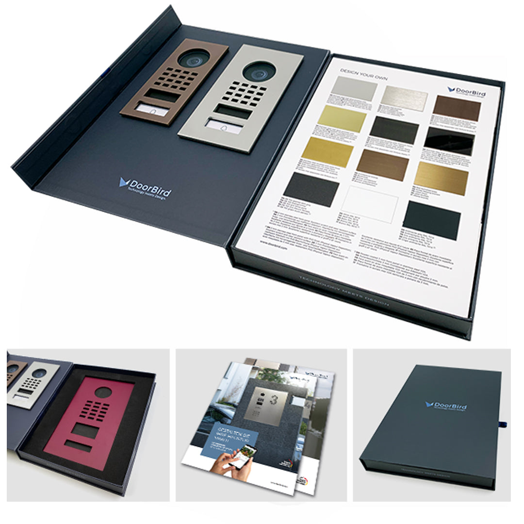 Doorbird Presentation Kit with metal sample options and Brochure
