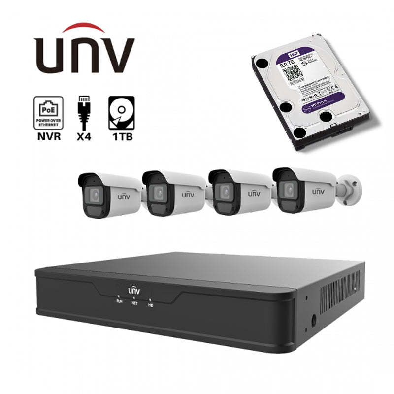 UNV EK-S31P4T44T1-V2, 4CH, Surveillance Kit with (4) Bullet, 1TB HDD and (4) Cables