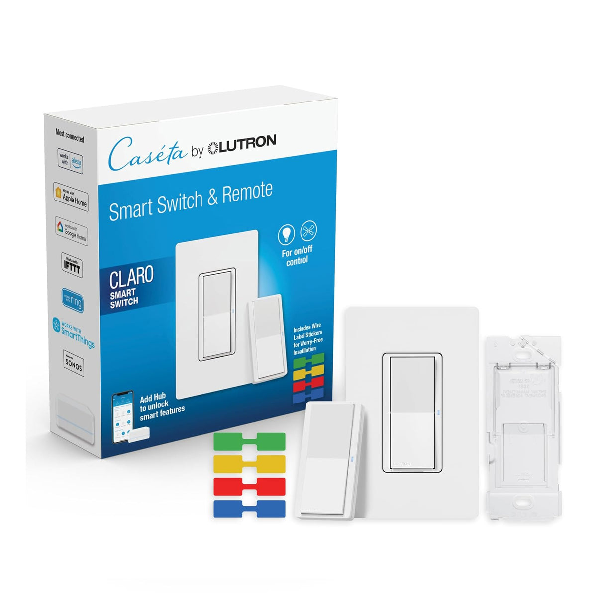 Lutron DVRF-PKG1S-WH, Caseta Wireless In-Wall Switch w/Pico Paddle Remote & Claro Wallplate, White