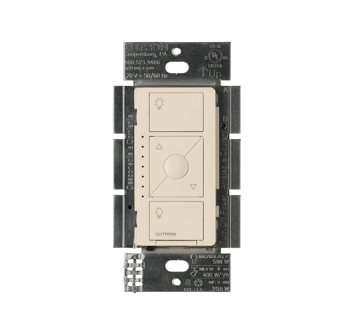 Lutron PD-6WCL Caseta Wireless in-wall dimmer; 50 W CFL/LED, 600 W Incandescent/Halogen, Single pole - Ivory