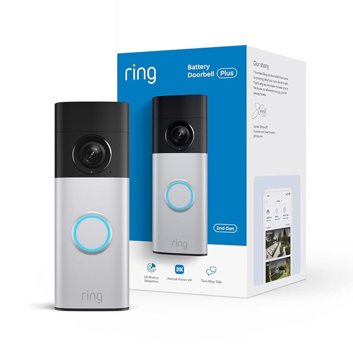 Ring Video Doorbell Battery Plus 2K, with wide-angle video, up to 6x Enhanced Zoom, Night Vision