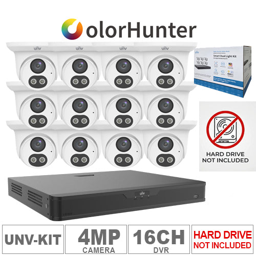 UNV EK-BQ2P16UDLT412, IP Kit 16ch NVR, 12pcs Turret 4MP ColorHunter (Hard Disk Drive, Not Included)
