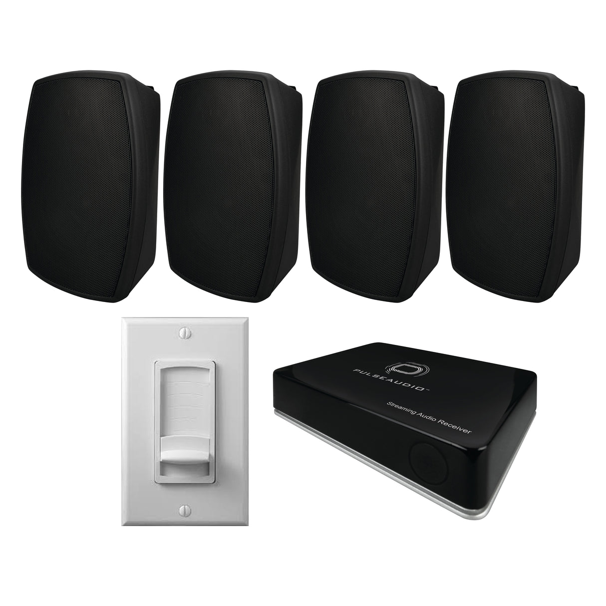 Vanco BAPKIT-OUT, Outdoor Bundle Kit 70v 4ch audio system, 100w, 4 surface mount in/out 5.25 speakers, 50w, with inwall slider volume control