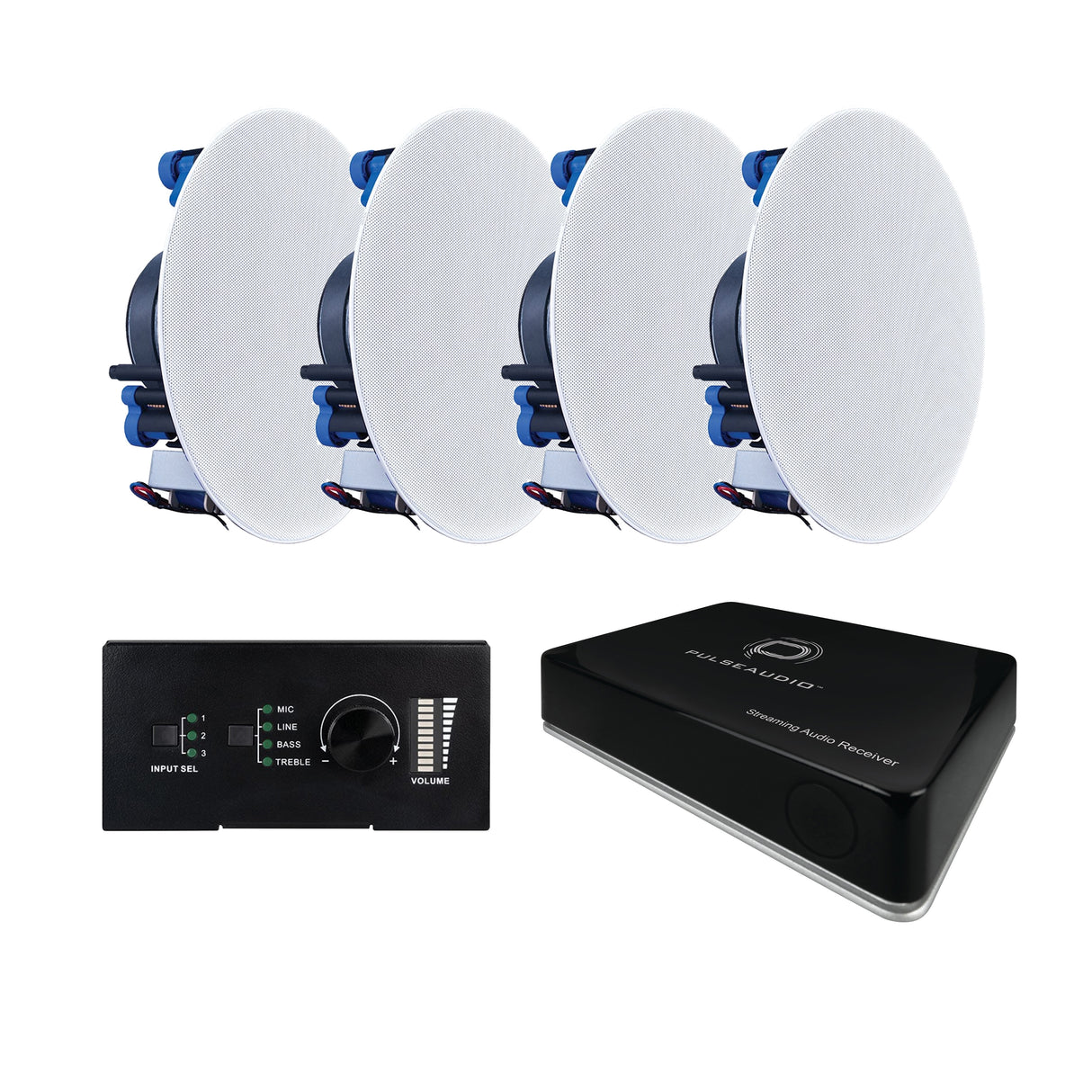 Vanco BAPAKIT-IN,Vanco BAPKIT-OUT, Indoor Bundle Kit 70v 4ch audio system, 100w, 4 in-ceiling 6.5" speakers, 60w, with streamer