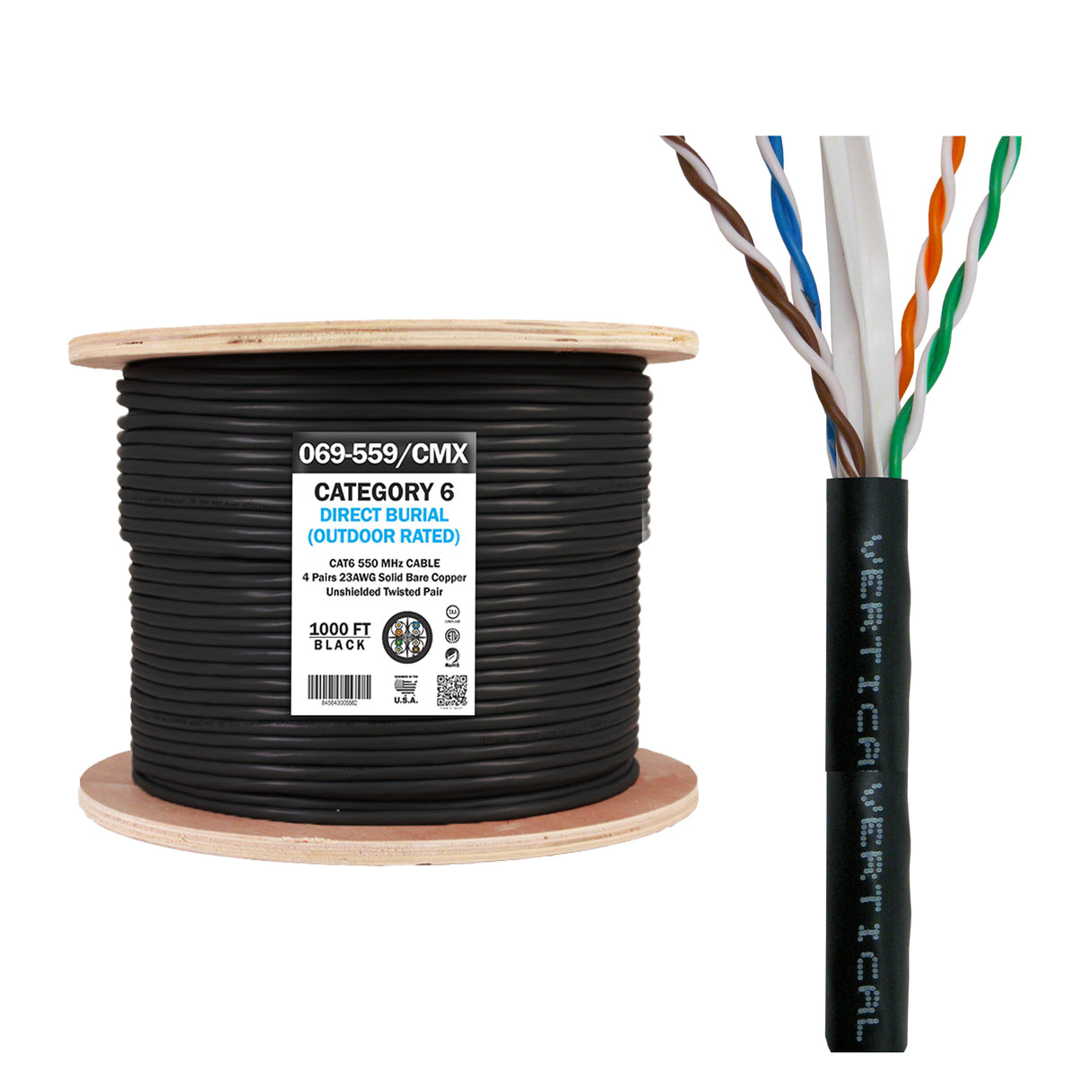 Vertical Cable (CAT6 Outdoor) 23AWG, Solid-Bare Copper, Wooden Spool, 1000ft, Black
