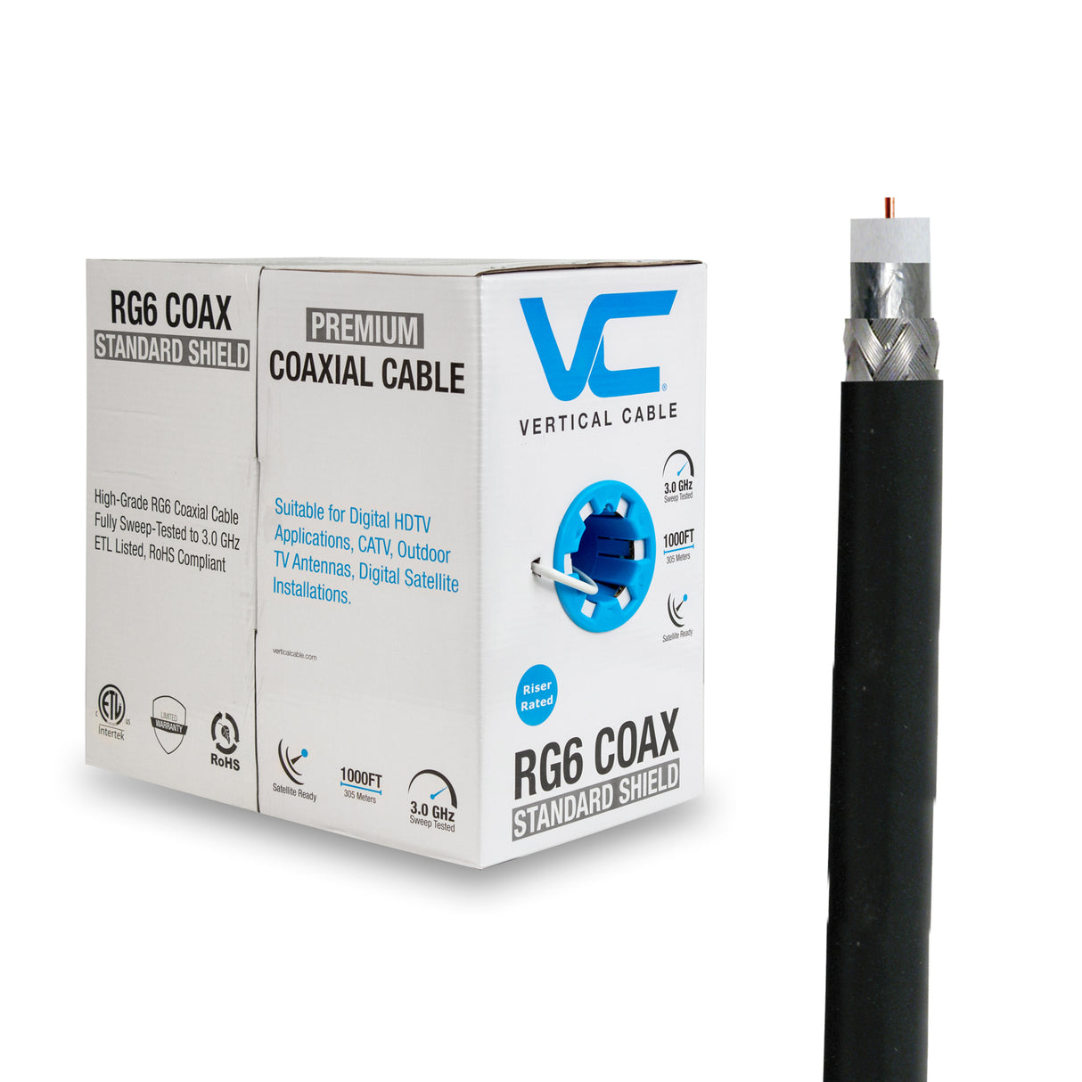 Vertical Cable (RG6U Standard Shield) RG6 Coax, 18AWG CCS Conductor, Standard Shield, Reel-in-Box, 1000ft, White / Black